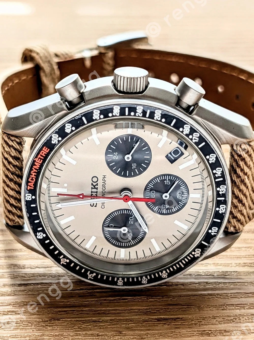 40mm Titanium Case Seiko Men's Beige Chronograph Panda Mod Watch